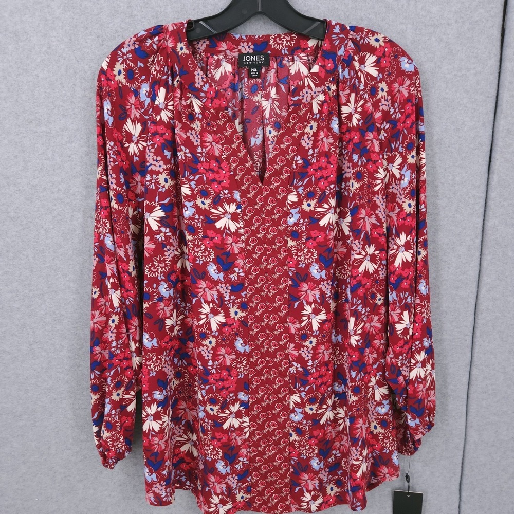 Jones New York Mixed Print V Neck Long Sleeve Bordeaux Floral Top Womens PXL NWT